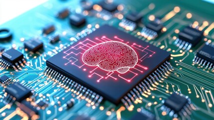 Obraz premium An AI chip icon depicting a stylized microchip with interconnected circuits and digital brain imagery, symbolizing the power and intelligence of artificial intelligence technology.