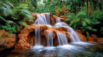 Obraz premium The vibrant tropical waterfall cascades down a series of rocky ledges, enveloped by a lush jungle of emerald ferns, towering palm trees, and vibrant orchids