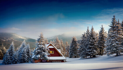 Naklejka premium a mountain house covered in snow in winter