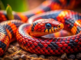 Fototapeta premium Miniature Red Orange Black Snake Tilt-Shift Photography, Fantasy Reptile, Close Up Macro