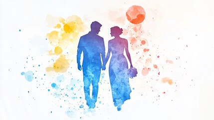 Obraz premium Watercolor Silhouette of a Couple Holding Hands on Their Wedding Day