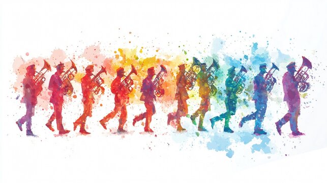 A Colorful Watercolor Painting of a Marching Band
