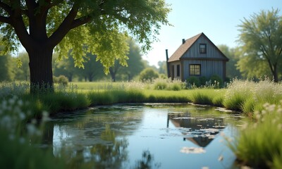 Garden design captivates with serene greenery and vibrant blooms, framing a tranquil pond beside a charming cottage, inviting peace and reflection.