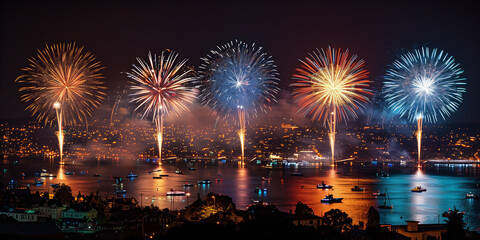Naklejka premium Festive fireworks in the night sky at a celebration event in honor of an anniversary or new year
