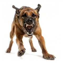 Obraz premium Aggressive german shepherd dog running and showing teeth, isolated on white