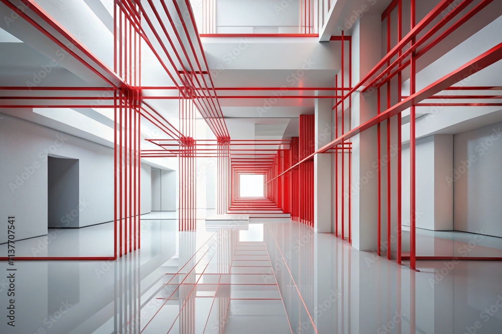 Poster minimal abstract composition featuring striking red lines and geometric shapes on a pristine white f