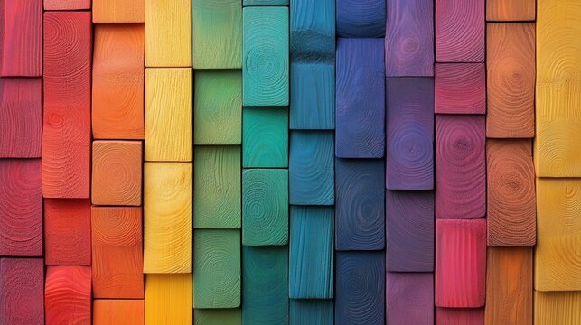 Colorful wooden blocks arranged in a vibrant rainbow pattern on a surface