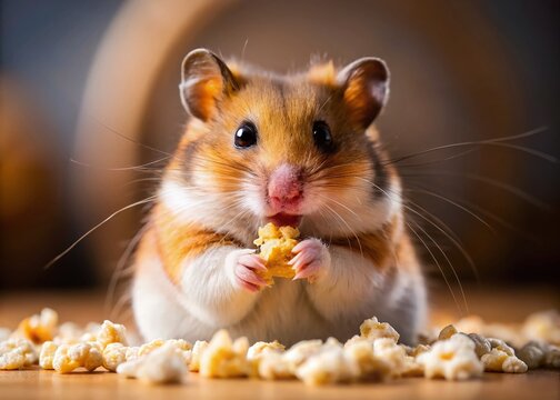 Syrian Hamster Eating Popcorn: High-Resolution Photo of Cute Pet Rodent Enjoying Snack