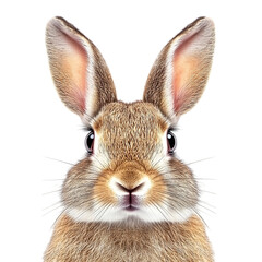 Fototapeta premium Close-up portrait of a small brown rabbit face with upright ears isolated on a bright transparent background for design.