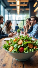 Office refreshment table featuring fresh greens and healthy food