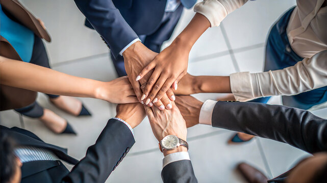over head view of business workplace solidity standing putting hands together compassion working colleagues diverse office