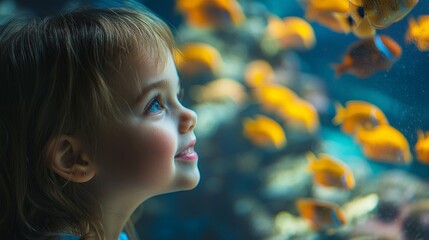 Fototapeta premium A young girl is looking at a fish tank with many fish in it