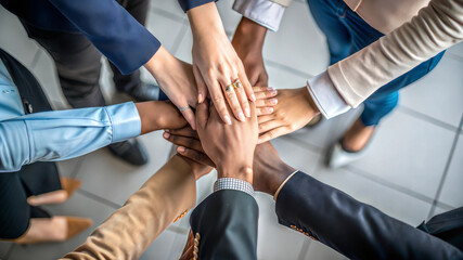 over head view of business workplace solidity standing putting hands together compassion working colleagues diverse office