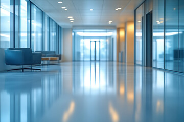 Fototapeta premium Modern Office Interior Design Showcases Hallway with Waiting Area Seating and Glass Walls.