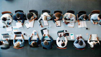 overhead shoot business panel office meeting collaborating large table board room
