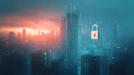 Naklejka premium Glowing Padlock hologram, night panoramic city view