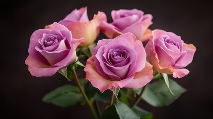 A stunning arrangement of deep violet roses exudes an air of timeless elegance against a dark background, showcasing the rich hue and intricate petal details of each bloom.