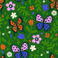 Seamless pattern with exotic flowers and butterflies. Vector graphics