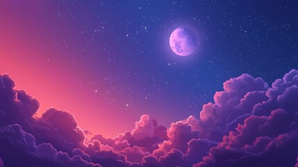 Obraz premium The full moon casts a silver light across the dark, star-studded sky, illuminating the swirling clouds, creating a dreamy, lunar landscape illustration