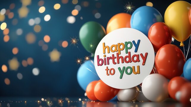 A vibrant and festive birthday card featuring a bold "happy birthday to you" message in colorful font surrounded by a variety of balloons, a white circle