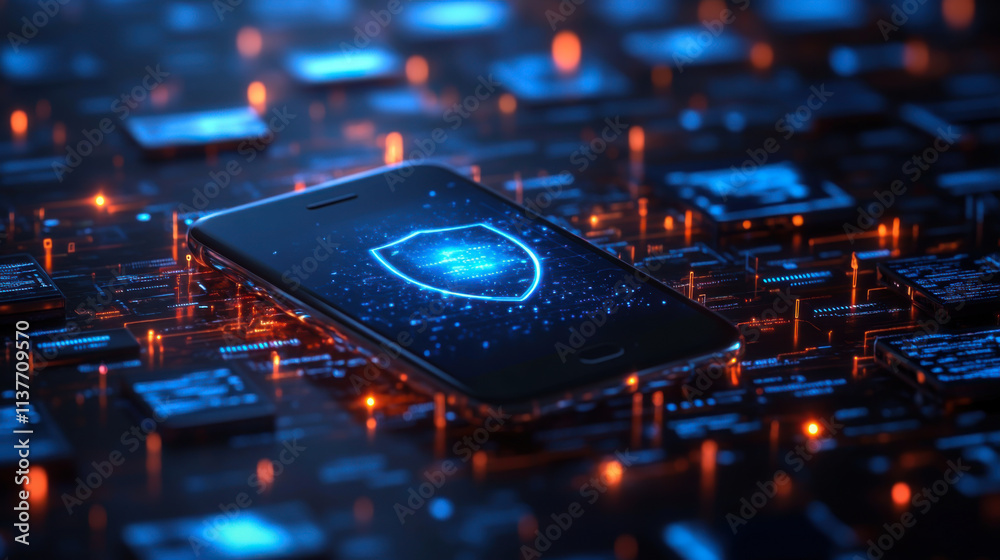Poster smartphone with a glowing shield hovering above it, showing encrypted messages and secured data