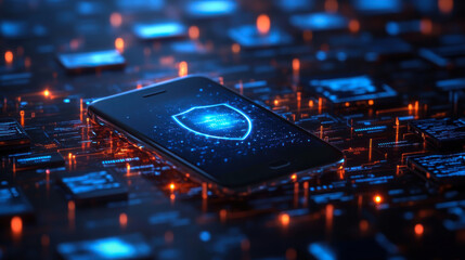 Fototapeta premium smartphone with a glowing shield hovering above it, showing encrypted messages and secured data