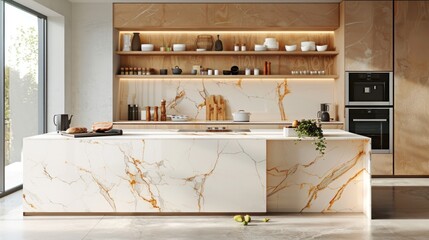 Modern Kitchen Design with Calacatta Gold Marble Island