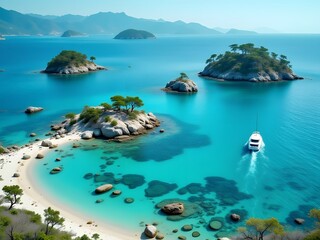 Fototapeta premium Yacht in Turquoise Waters Near Small Islands