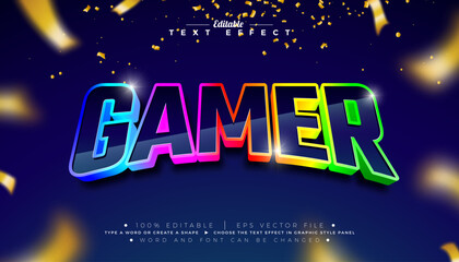 Gamer 3D Text Effect Design Editable and Scalable Vector Graphic Style Effect with Rainbow Color Lettering and Falling Confetti on Dark Background. Premium Video Game Illustration Template for