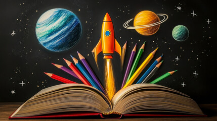 Naklejka premium Open book with colored pencils coming out, rocket taking off