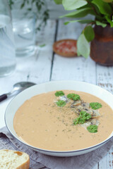 A bowl with mushroom cream soup