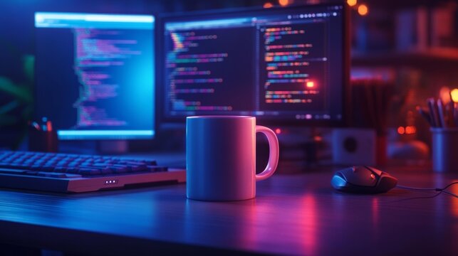 Mug Mockup on Coding Desk. Generative AI