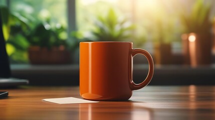 Obraz premium Office Coffee Break: Orange Mug and Notepad. Generative AI