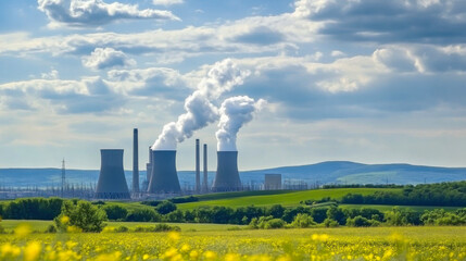 spring landscape with power station