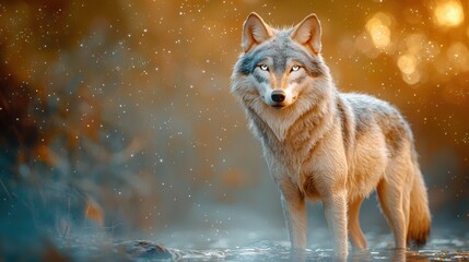 Obraz premium In the stillness of the enchanted night, a majestic wolf figure stands proudly under the shimmering moonlight, its silver fur glistening with a mystical aura.