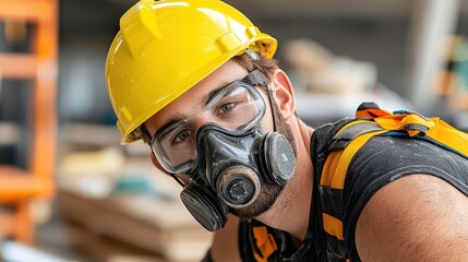 The construction worker is seen wearing a bright yellow safety helmet and a protective gas mask, ensuring his safety while working in environments with hazardous fumes and chemicals.