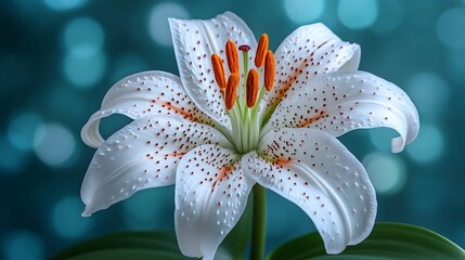 A speckled white lily flower blooms beautifully against a teal backdrop