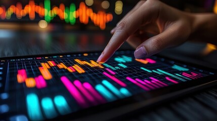 Fototapeta premium Investor Points at Colorful Graphs on Tablet Screen