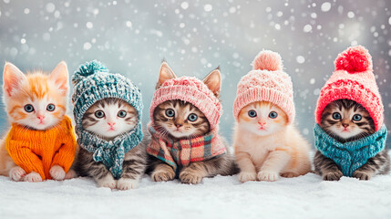 Group of cute kittens dressed in winter warm clothing , sitting together on a snow.