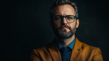 Fototapeta premium Confident Man with Glasses in Stylish Suit Posing Against Dark Background