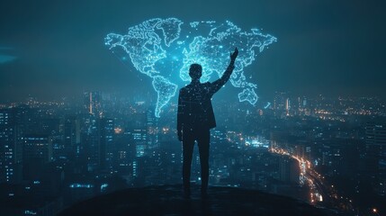 Businessman Silhouette with Digital World Map Overlay in Night Cityscape