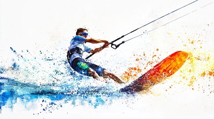 Naklejka premium Kitesurfing Watercolor Painting: A Stunning Depiction of an Extreme Sport