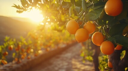 Fresh Oranges on Tree Branches with Sunlight in Orange Grove Landscape