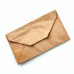 Stained brown paper envelope closed and isolated on white background, representing sending letters, old fashioned communication and nostalgia