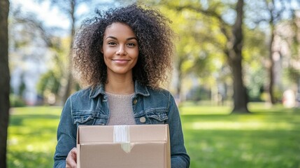 Community volunteer with a box of donations, standing in a welcoming park setting, radiating generosity