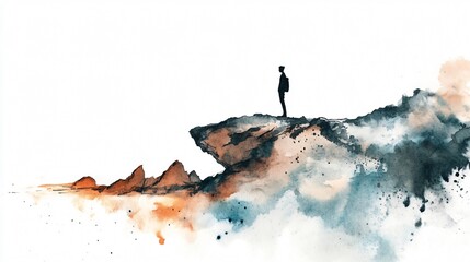 Lone silhouette atop a cliff, watercolor and ink painting, minimalist art, journey, travel, explore
