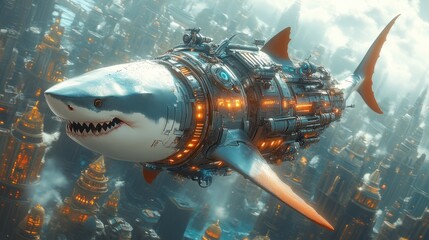 Obraz premium Mech shark flying over futuristic city.