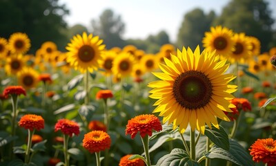 Fototapeta premium Garden design showcases a vibrant field filled with radiant sunflowers and zinnias, creating a cheerful and lively atmosphere under a sunny sky.