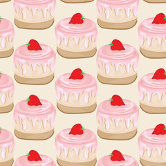 Seamless pattern for kitchen decor and more. Delicious cupcake with whipped cream and strawberry. Vector cartoon illustration of sweet food.