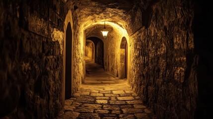 A dark medieval dungeon with stone walls, dim torchlight flickering, and a narrow corridor leading into eerie shadows, perfect for a fantasy setting